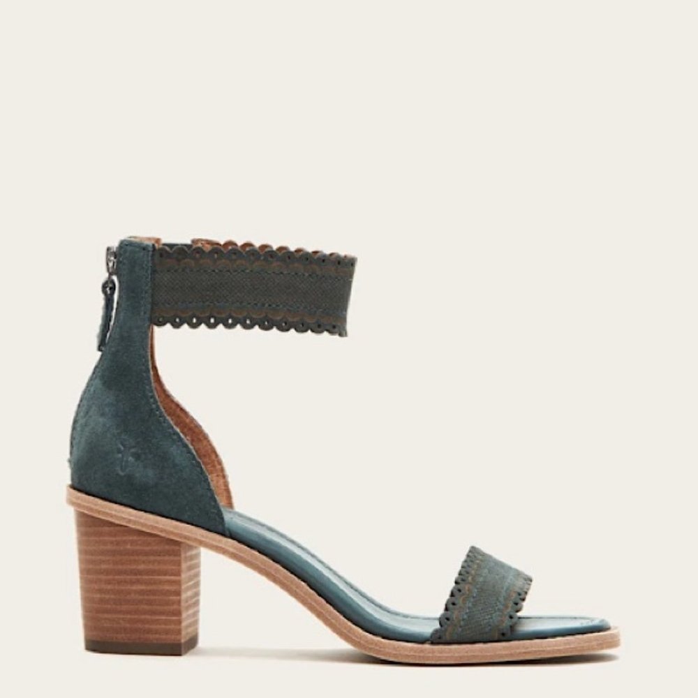 $340 Frye Teal/Turquoise Brielle Scallop Leather Suede Ankle Strap Heel Sandals - Picture 3 of 16